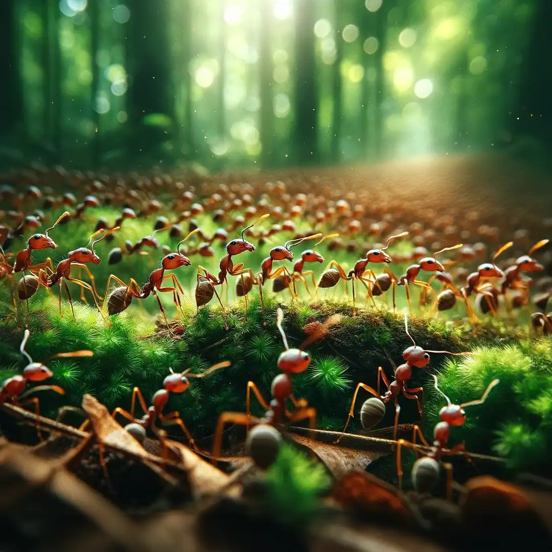 Army of Ants: Determined army of ants, in a lush forest floor, marching in a line, captured with a Nikon D850, macro depth of field, diffused forest light, earthy brown and green tones, detailed close-up.
