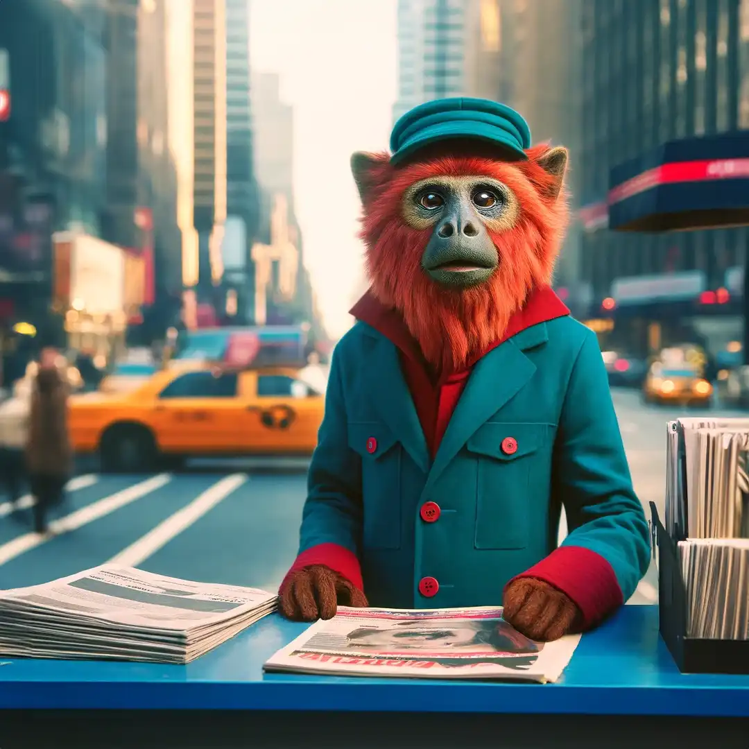 Square image of an anthropomorphic Howler Monkey as a newsagent on the streets of New York. The Howler Monkey is dressed in a vermilion and teal outfit, standing at a newsstand with newspapers and magazines. The background features a blurred view of the bustling city streets of New York, capturing the urban atmosphere.