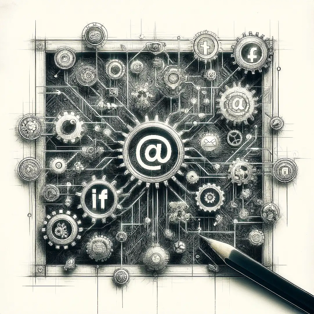 A pencil sketch representation of marketing automation in a square aspect ratio, incorporating elements of social media. The image showcases an intricate network of interconnected gears and digital circuitry, emphasizing the complexity and interconnectedness of automated systems. The design includes symbolic icons like hashtags, '@' symbols, and social media logos, integrated into the digital circuitry. The circuitry is detailed to appear as if it glows subtly with neon blue and green, achieved through light pencil strokes. The sketch focuses on the blend of mechanical and digital elements, creating a visually engaging depiction.
