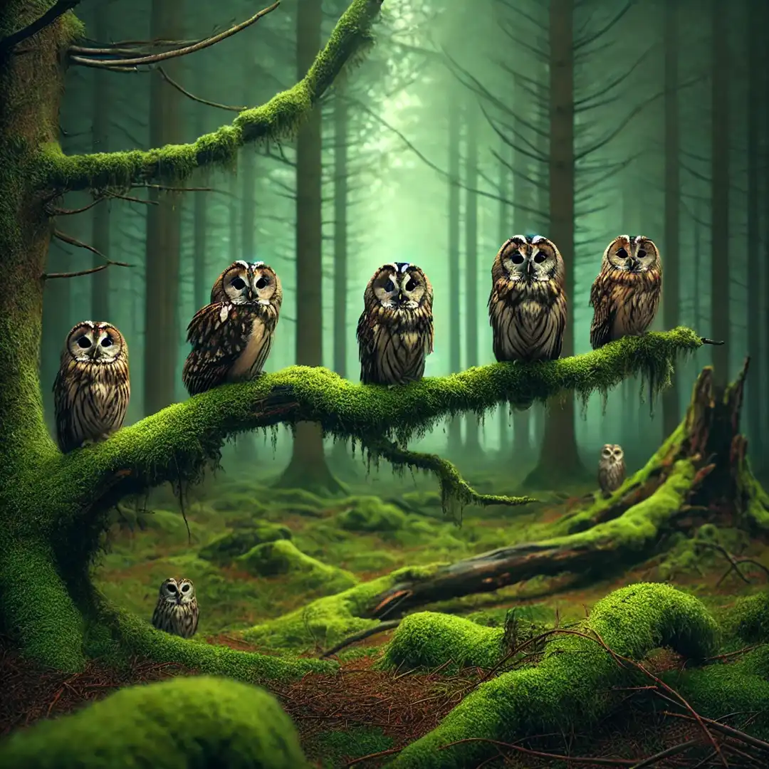 Parliament of Owls - Wise parliament of owls, in an ancient woodland, sitting on moss-covered branches, photographed with a Canon EOS R5, medium depth of field, twilight lighting, muted green and brown hues, mystical fog.