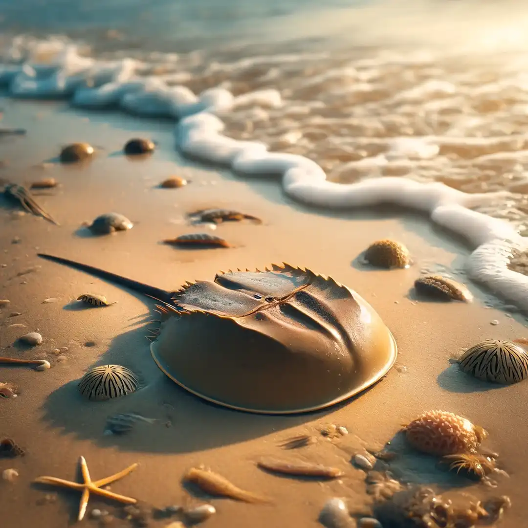 Horseshoe Crab (Limulus polyphemus) Ancient horseshoe crab, on a sandy beach, alongside other marine creatures, photographed with a Nikon D850, deep depth of field, golden hour lighting, sandy beige and blue colors, gentle wave effects.